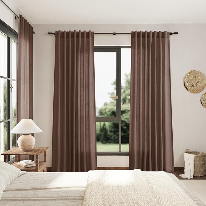 Mocha Mousse Curtains 102 Inches Long 2 Panel Set Back Tab Rod Pocket Linen Blend High Window Semi Sheer Light Filtering Burlap Look for Neutral Farmhouse Decor Curtain in Living Room 52x102