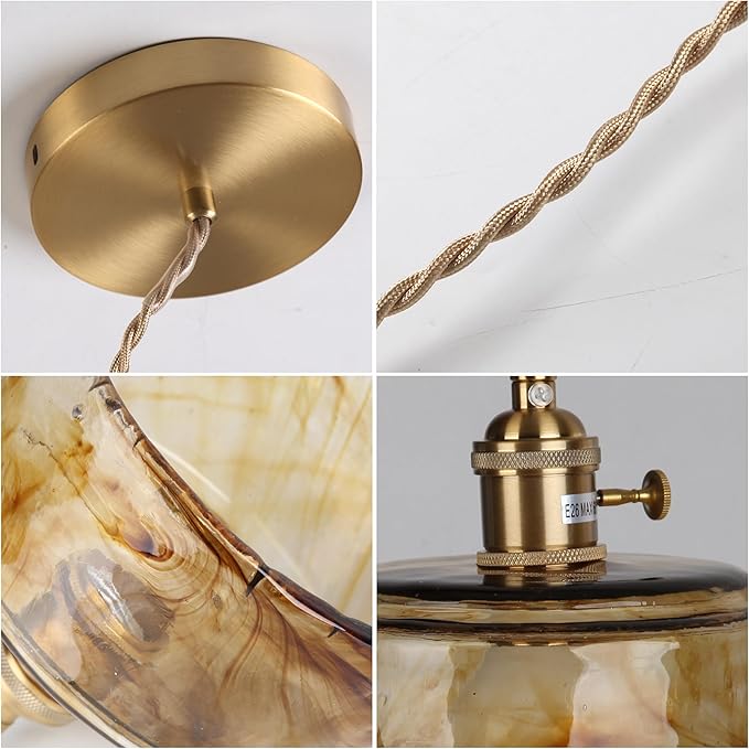 Glass Pendant Lights Kitchen Island Dimmable Mini Pendant Lighting Amber Glass Lampshade for Bedside Dining Room Foyer, Brass
