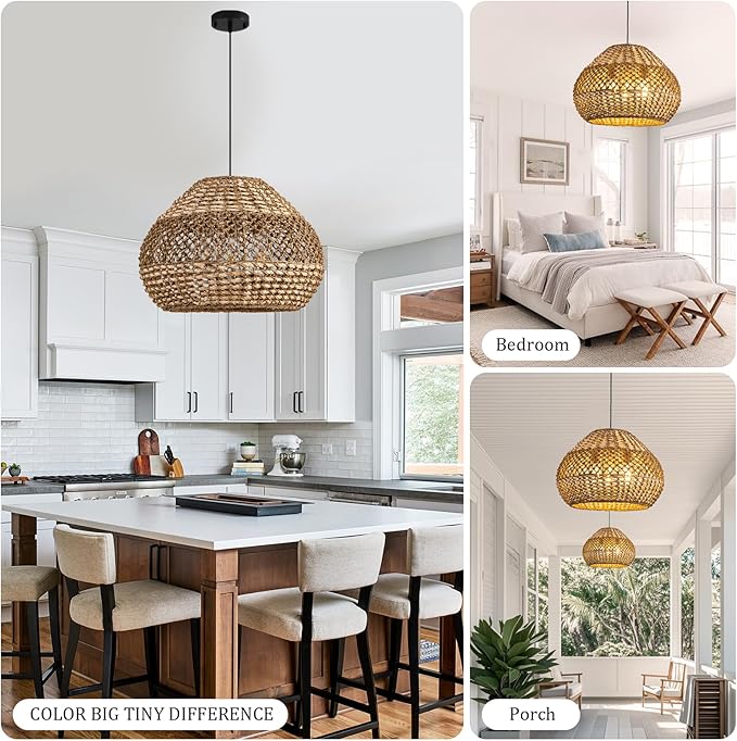 Rattan Pendant Light Fixtures,18.9" Boho Seagrass Pendant Light,3-Light Hand Woven Water Plants Rattan Chandelier for Dining Living Bedroom Kitchen Farmhouse