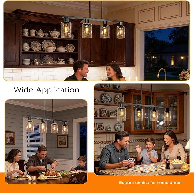 4-Light Kitchen Island Lighting, Black Simplicity Bar Island Lights for Kitchen, Farmhouse Chandelier with Adjustable Height & Seeded Glass Shades, Linear Hanging Dining Room Light Fixture Over Table