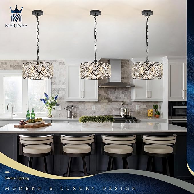 Black Crystal Pendant Light Farmhouse 4-Light, 12" Round Modern Semi Flush Mount Chandelier Ceiling Light for Kitchen Island, Dining Room, Bedroom, Hallway, Foyer