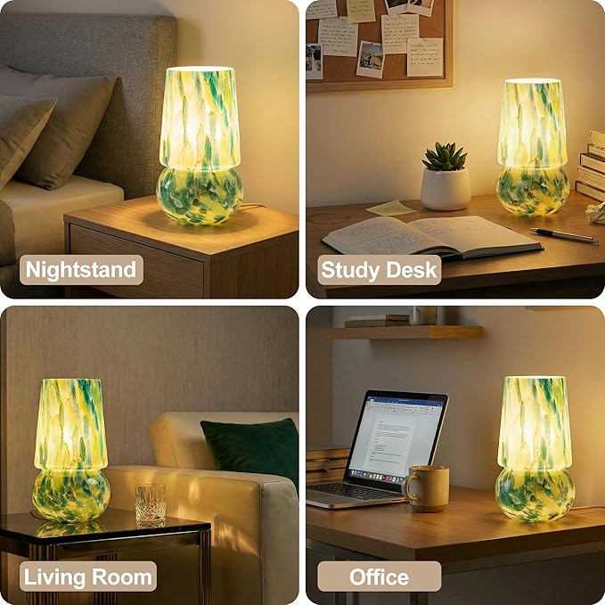 9.8 Inch Mushroom Table Lamp, UL Listed Dimmable Small Desk Bedside Lamp with Woven Beige Cord, Handcrafted Pattern, Murano Home Decor for Bedroom, Living Room, Emerald Teal, No Bulb Included