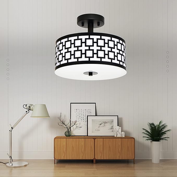 Semi Flush Mount Ceiling LED Light Fixture Hanging with Drum Shade for Dining & Living Room Kitchen Office Shop Entryway & Hallway Modern Chandelier Lamp Brushed Chrome Finish E26 Base