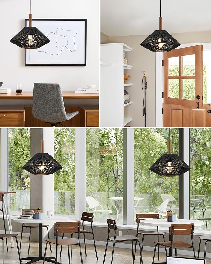 ELYONA 12.6" Modern Pendant Light Fixtures, Black Woven Pendant Light with Solid Ash Wood, Hanging Light for Kitchen Island, Farmhouse Boho Rattan Ceiling Light for Dining Room Bedroom Living Room