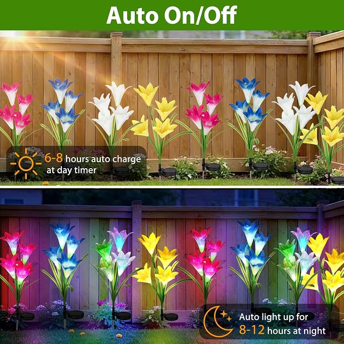 4 Pack Color Changing Solar Lights Outdoor Lily Flower Stake Lights | Auto ON/Off,Outdoor Waterproof,Solar Garden Lights for Lawn Pathway Landscape Garden Gifts for Mom Women Grandma