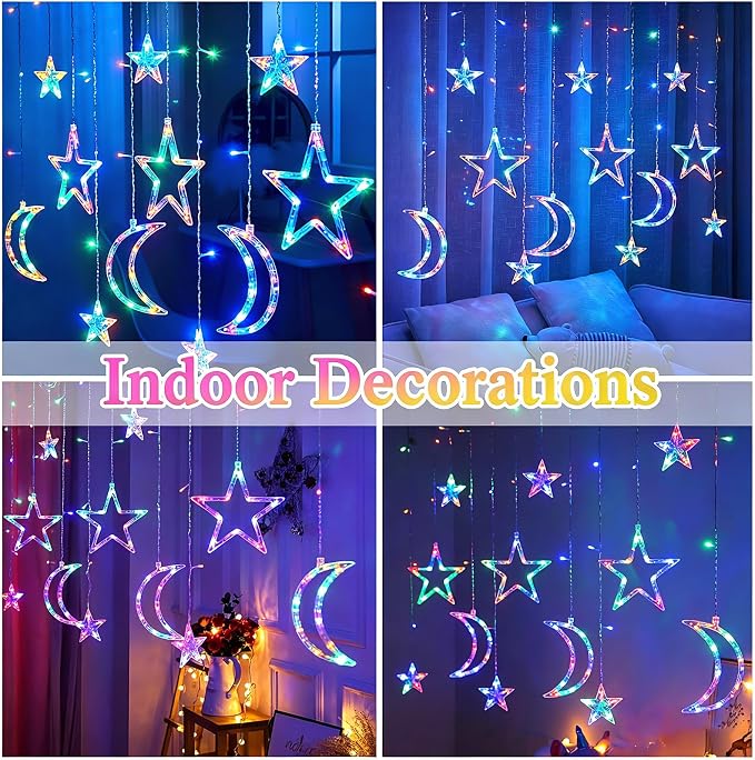 Star Moon Curtain Lights 11.5ft Remote Control LED Fairy Light Strings, 8 Flashing Modes Waterproof Decorative Lights for Garden, Christmas, Wedding, Party, Bedroom Decorations(Multicolored)