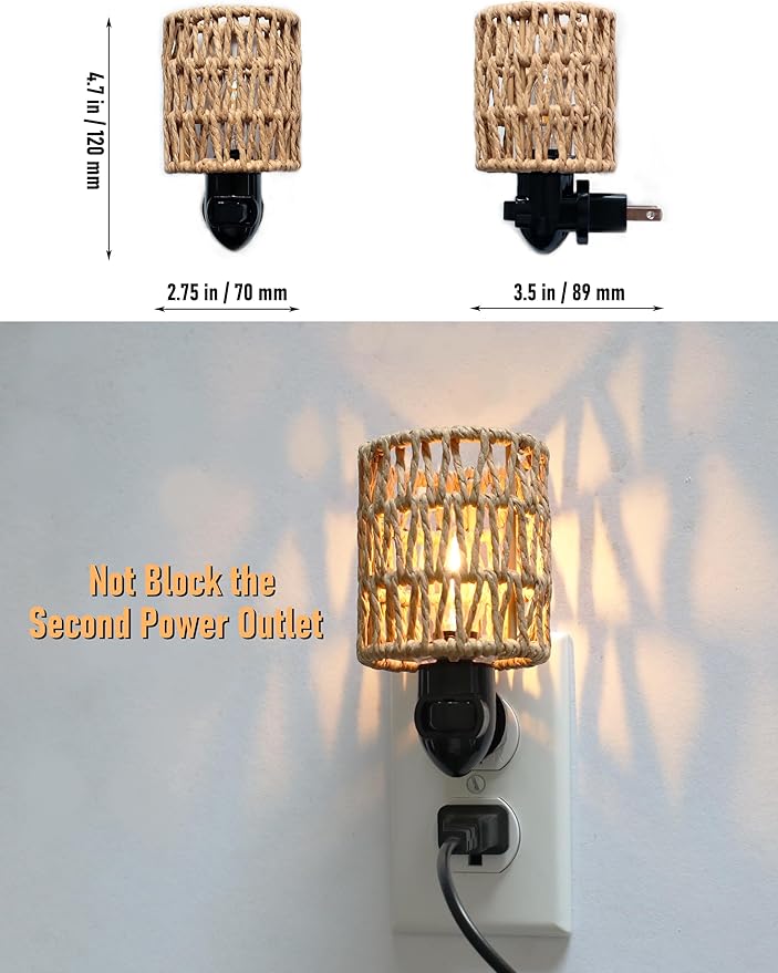 Boho Plug in Night Light with Switch, 2-Pack Farmhouse LED Night Lights Plug into Wall Socket, 0.5W Baby Nursery Nightlight with Bohemian Rattan Lamp Shade for Adult Kids Room Bathroom Hallway