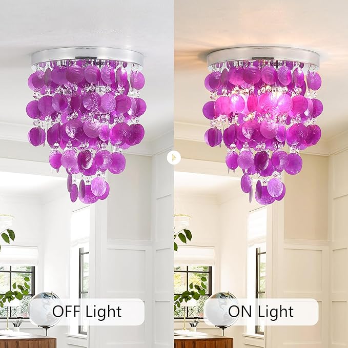 Modern Chandelier Crystal Shell,Semi Flush Mount Purple Girl Chandelier, LED Ceiling Light Fixture Bedroom Bathroom Closet Nursery 3 Lights