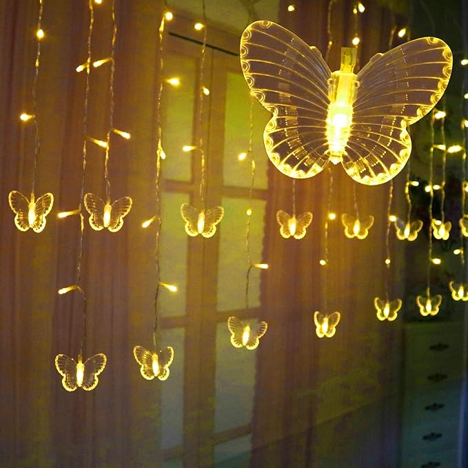 Butterfly Curtain Lights, 13ft 96 LED USB Window Fairy Lights 16 Butterflies 8 Modes Firefly Twinkle Timer String Lights with Remote for Room Bedroom Wall Ceiling Party Wedding Christmas