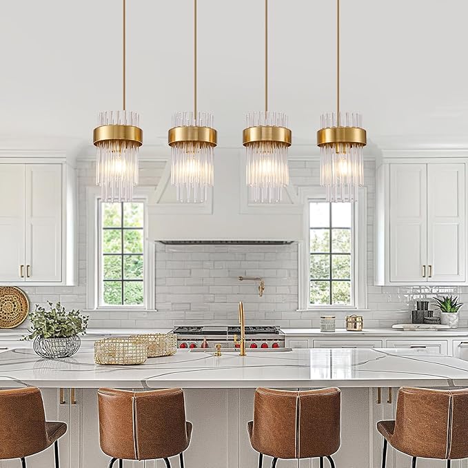 Dijiahua 4-Light Gold Pendant Lights Kitchen Island Over Table, Modern Crystal Brushed Brass Linear Chandeliers,Adjustable Cord Hanging Counter Lamp Fixture for Dinning Room,Sink