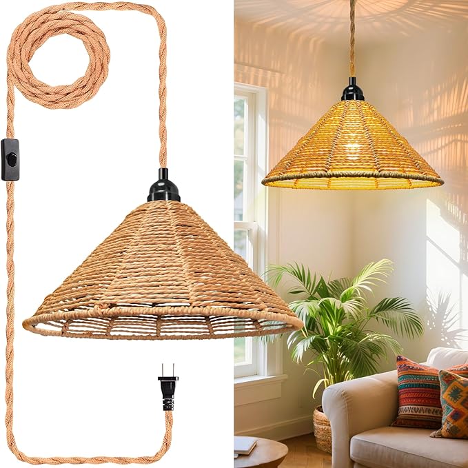Maliralt Hanging Lamps Rattan Pendant Light - 16.4ft Plug in Cord Hanging Light Fixture Plug Into Wall Outlet Pendant Lighting with On Off Switch for Bedroom Living (Industrial Shade)