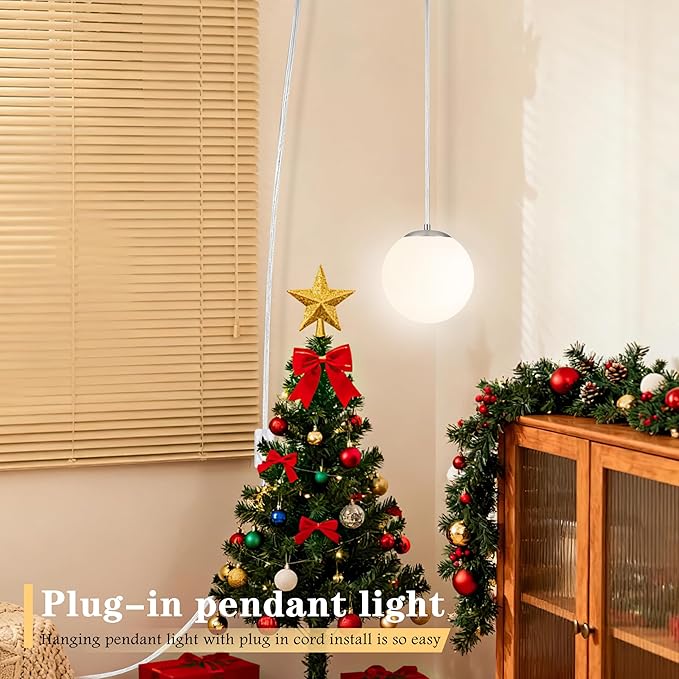 KoKo&Yukina 8" Globe Pendant Light Nickel Plug in Pendant Light Adjustable Hanging Lights with Plug in Cord Nickel Finished with Milk Glass Lampshade for Bedroom Kitchen Island (Bulb Included)