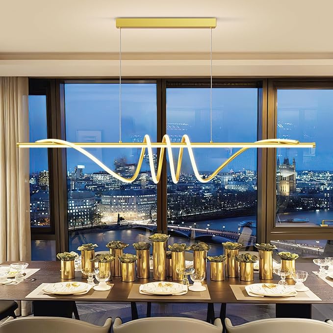 Modern LED Pendant Lights Kitchen Island, 57in Gold Chandelier Dimmable with Remote Control 3000k-6000K Adjustable, Aluminum Island Lighting Lamp Fixture for Kitchen, Dining Room