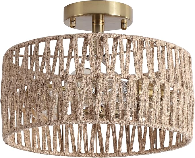 3-Light Antique Gold Woven Flush Mount Light Fixture Rustic Coastal Hemp Rope Brass Semi Flush Mount Ceiling Light for Hallway Bedroom Kitchen Entryway Farmhouse Living Room
