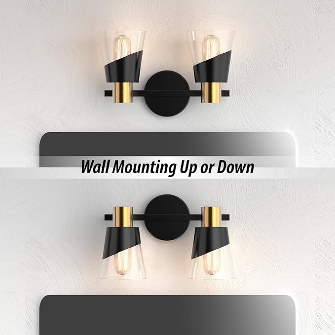 URSOLA Bathroom Lighting Fixtures Over Mirror, 2 Lights Bathroom Vanity Light, 13 inchBathroom Light Fixtures, Black and Gold Design with Bevelled Edge and Clear Glass Shade Wall Lamp