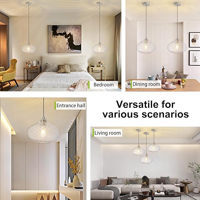 Glass Pendant Lights Kitchen Island, 11'' Brushed Nickel Pendant Lighting Fixtures, Modern Hanging Ceiling Light With Striped Clear Glass Shade for Farmhouse Dining Room Bedroom Hallway(1 Pack)