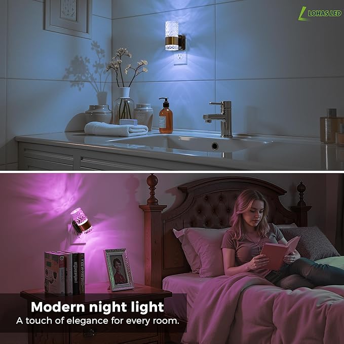 L LOHAS LED Night Light, Night Lights Plug into Wall, 2 Pack 10-Color RGB Change Nightlights,10/50/100LM Adjustable Automatic Nightlights Plug in with Dusk to Dawn Sensor for Room Bathroom Hallway