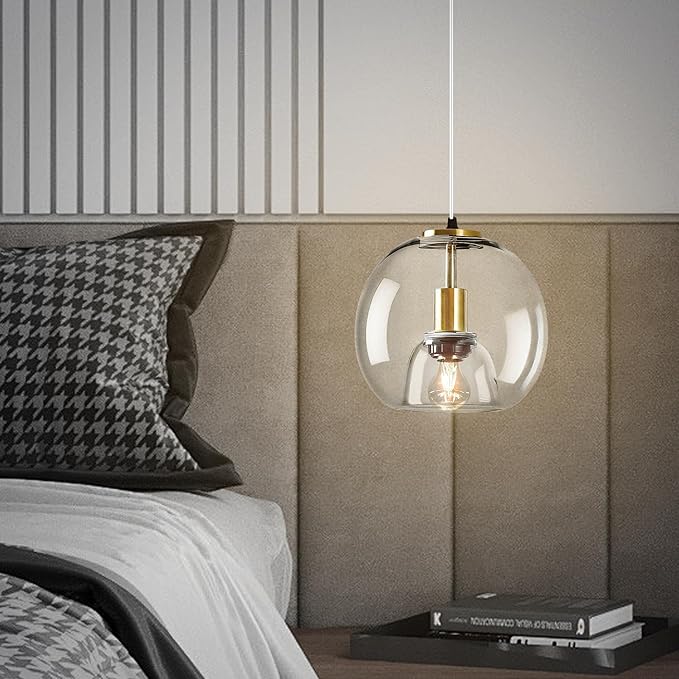 9.1in Large Clear Glass Pendant Light for Kitchen Island – 2-Pack with Extra LED Bulbs & 4.92ft Adjustable Cord | Modern Minimalist Lighting for Dining Room, Living Room, Entryway