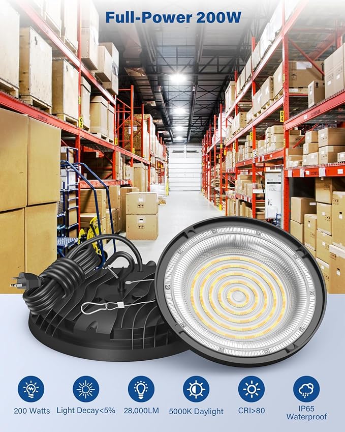 200W UFO LED High Bay Light, 28,000LM LED Shop Lights Fixture, 5000K, Replace 600W Halogen, 120VAC, Plug & Play Lighting for Warehouses, Workshops, Garages, and Barns – ETL Listed, 4 Pack