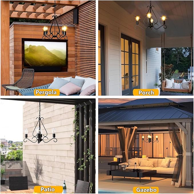TWINKVILLA Solar Chandelier Outdoor, 4-Lights 23" Rustic Farmhouse Industrial Iron Chandeliers Waterproof Dimmable Hanging Pendant Lights for Gazebo, Pergola, Canopy, Tent Decor