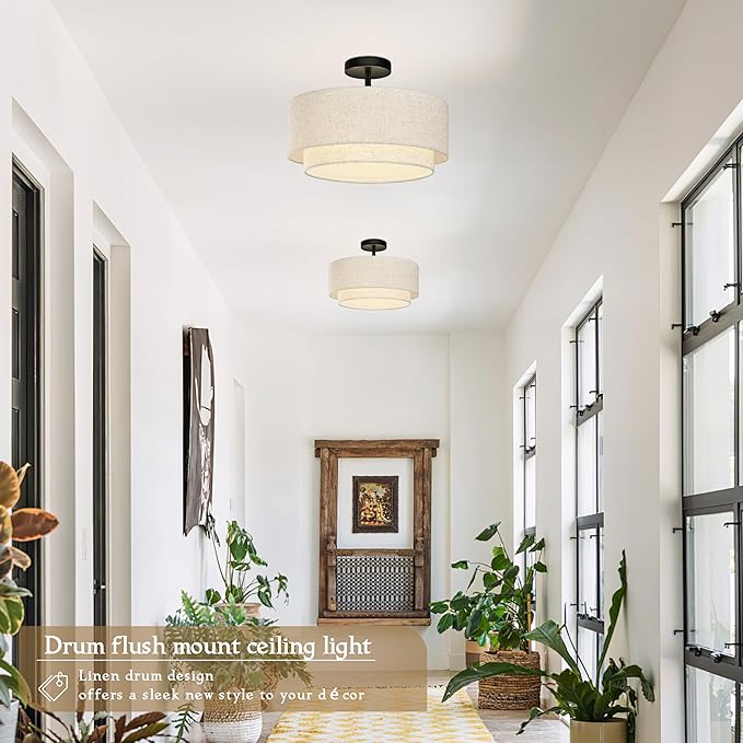 15.7 Inch Flush Mount Ceiling Light Black Close to Lights Fixture with 2-Layer Fabric Shade 3-Light Drum Modern Lights for Dining Room Bedroom Hallway