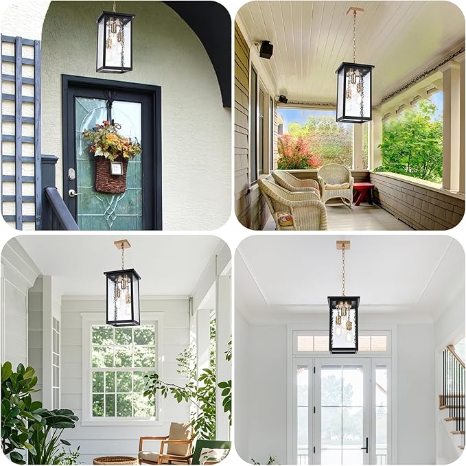 Outdoor Pendant Light Fixture, 3-Light Vintage Black & Brushed Brass Farmhouse Exterior Hanging Lights with Hammer Glass Adjustable Chain, Outdoor Hanging Lantern for Porch Entrance Foyer Front