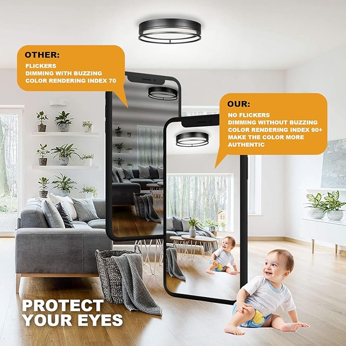 12.5 Inch LED Flush Mount Ceiling Light Fixture, 26W, Super Bright 1700 Lumens, 3 Color 3000K/4000K/5000K, Dimmable Ceiling Lamp for Bedroom Hallway Bathroom Kitchen Laundry (Black)