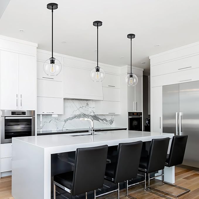 7 Inch Matte Black Modern Pendant Lights Kitchen Island Mid Century Modern Pendant Light Fixtures with Clear Glass Globe Modern Hanging Pendant Light for Bathroom Bedroom (Bulb Incl)