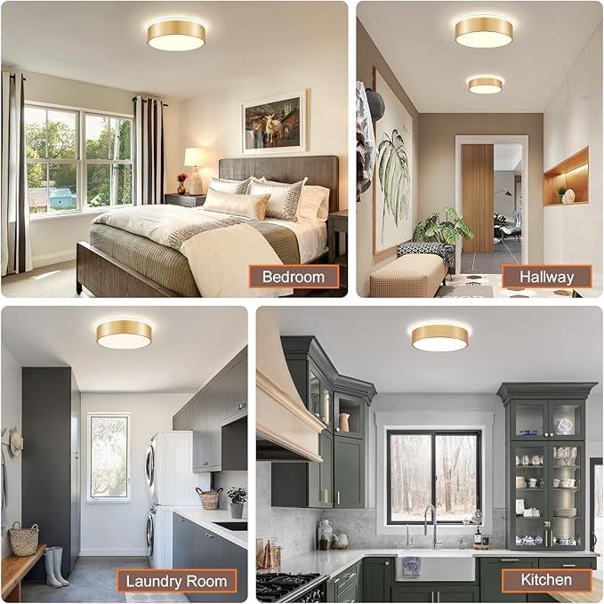 YURNYQ Dimmable Gold LED Flush Mount Ceiling Lights, Modern 5CCT 2700K-6000K Close to Ceiling Light, Minimalist Round Kitchen Lighting Fixtures for Bedroom Hallway Entryway Laundry Room, 11.8 Inch