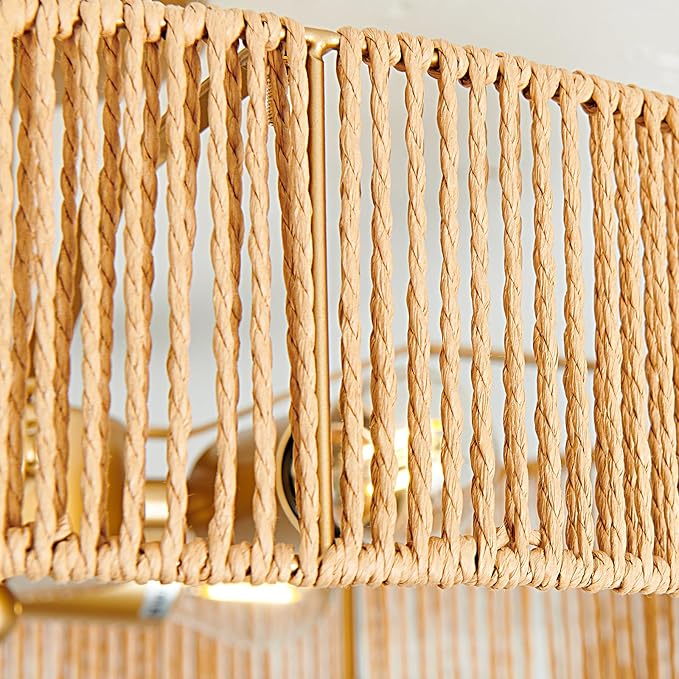 hesoge Boho Rattan Ceiling Light Fixture Vintage Gold Semi Flush Mount Ceiling Light 20 Inches Round 4 Light Chandelier for Farmhouse Hallway Bedroon Living Room Dining Room Kitchen Island