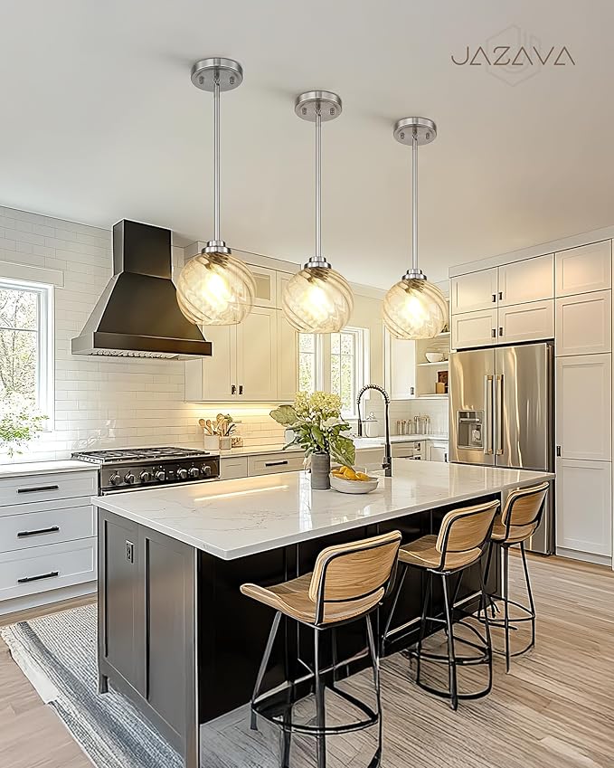 8 Inch Modern Farmhouse Pendant for Kitchen Island, Adjustable Height Hanging Fixture with Ribbed Glass, Brushed Nickel, Dining Room Entryway - PL101SBN-L