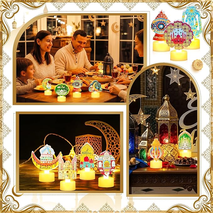 Handepo 15 Pcs Mini Ramadan Lantern Mubarak Tea Light Colorful Eid Flameless Candle with Moon Star Mosque Design LED Battery Operated Ramadan Table Decor Gift for Party Kitchen Home Indoor Outdoor