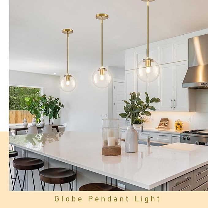 Bagood 8" Globe Pendant Light Gold 2 Pack Mid Century Pendant Light Globe Pendant Lights Kitchen Island Brushed Brass Finished with Clear Glass Adjustable Ceiling Light Fixtures for Dining Room Bar