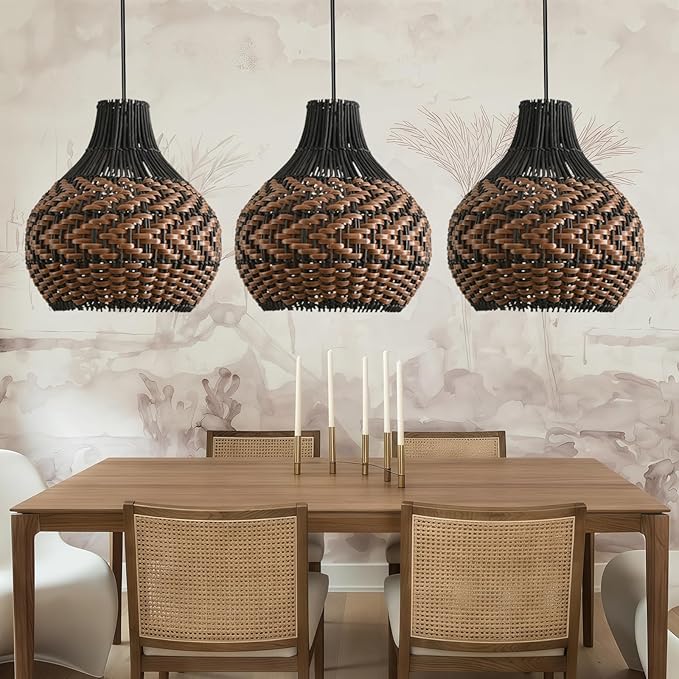 3-Pack Rattan Pendant Light 10.24" Hand-Woven Black Brown Fax Rattan Basket Chandelier Mini Boho Wicker Hanging Lamp for Dining Living Bedroom Kitchen Farmhouse
