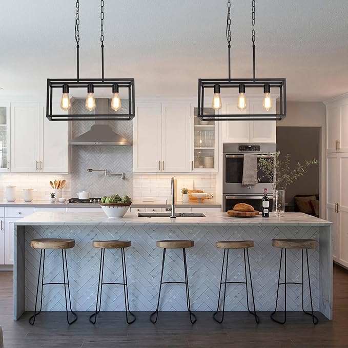 AMZASA 3-Light Black Linear Chandelier Modern Rectangle Farmhouse Dining Room Light Fixture for Kitchen Island Bar UL Listed