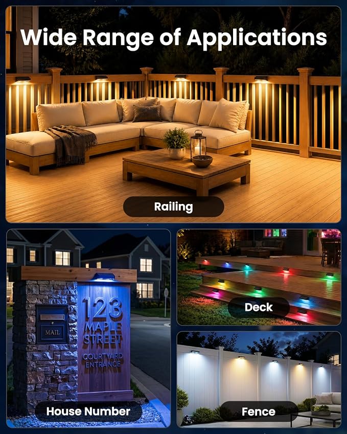 JOFIOS Fence Lights Solar Powered, 9 Fixed Colors & Color Changing Solar Wall Lights Outdoor Waterproof IP65 Dusk-to-Dawn LED Deck Lighting for Patio, Railing, Pool, Porch, Backyard, Wall, 8 Pack