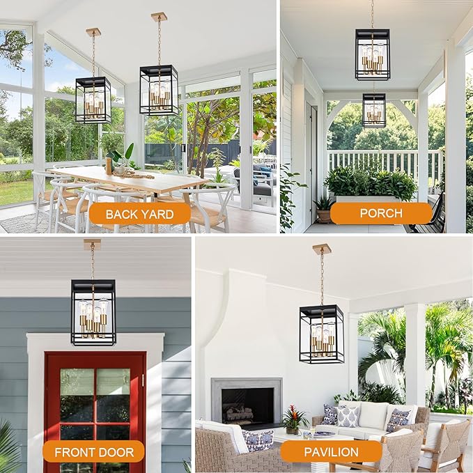 VINLUZ 16" Outdoor Pendant Light with Adjustable Chain, 4-Light Black and Gold Finish Outdoor Hanging Light Fixture, Exterior Hanging Lantern Chandelier for Entryway Patio Garden