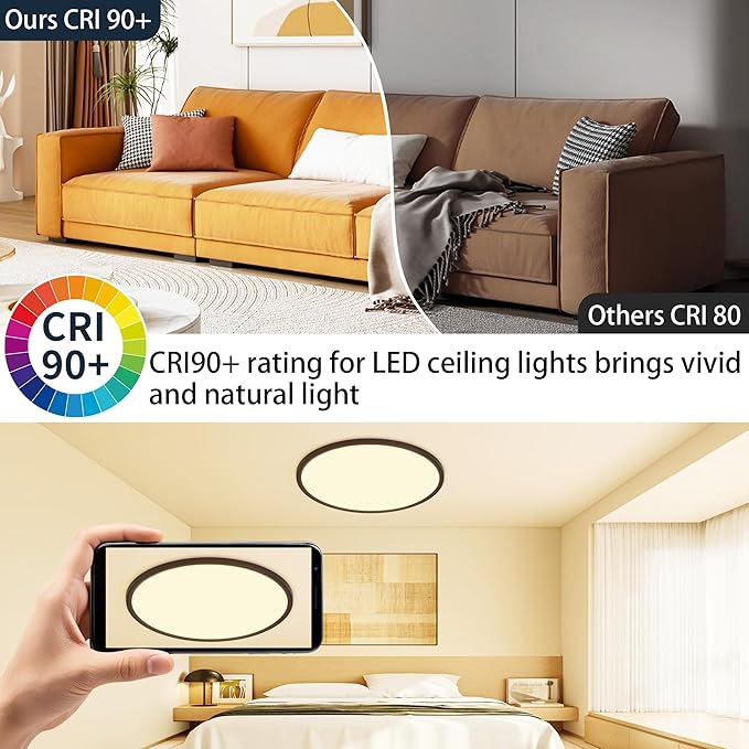 MOONSEA 20 Inch LED Flush Mount Ceiling Light 45W, Large Ceiling Light with Remote Control, Round Dimmable 3000K-6500K Adjustable, Modern Slim Flat Panel Lights for Kitchen Bedroom, Black