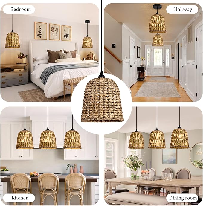 Mini Rattan Pendant Light Fixtures,9.5" Boho Pendant Light,3-Pack Hand Woven Seagrass Rattan Chandelier for Dining Living Bedroom Kitchen Farmhouse