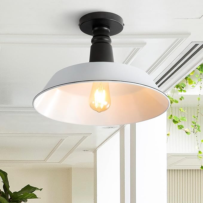 JONATHAN Y 14" White/Black 1-Light Industrial LED Semi Flush Mount Ceiling Light for Porch, Kitchen, Entryway, Modern Farmhouse Iron Fixture, White Metal Shade, LED Bulb Included JYL7617A