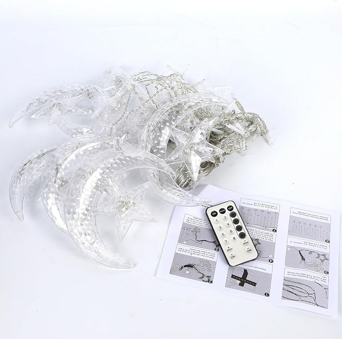 WATERGLIDE 138 LED Star Moon Curtain Decorative Lights, Window Curtain Fairy String Lights, Remote Control & USB Plug, 8 Lighting Modes for Home Holiday Ramadan Christmas Wedding Party, Warm White