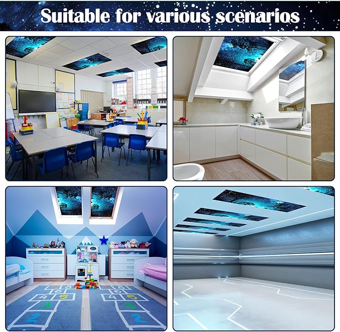 6 Pcs Fluorescent Light Covers for Ceiling Lights with 48 Magnets Decorative Magnetic Light Filters for Classroom Office Kitchen Decoration(Night)