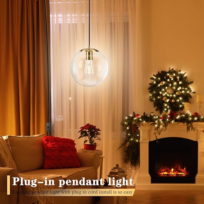 KoKo&Yukina 10" Globe Pendant Light Gold Plug in Pendant Light Adjustable Hanging Lights with Plug in Cord Brushed Gold Finished with Clear Glass Lampshade for Bedroom Kitchen Island(Bulb Included)