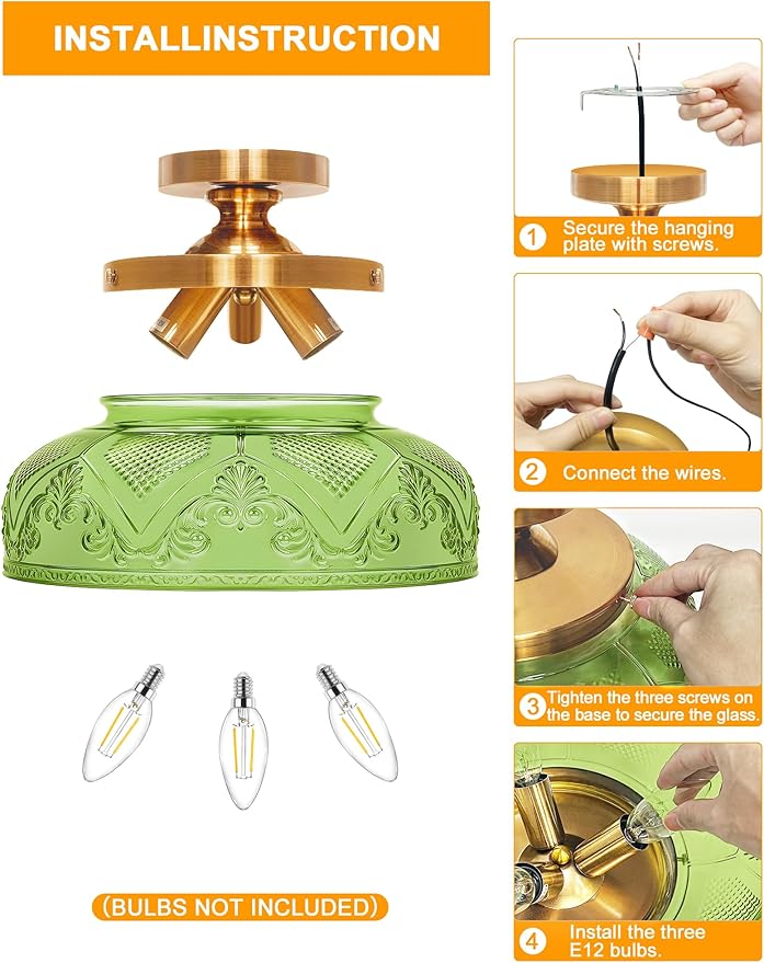 Green Semi Flush Mount Ceiling Light, 12 Inch Large Ceiling Light Fixture Gold, 3-Light Globe Glass Farmhouse Kitchen Lighting Fixtures for Bathroom, Hallway, Dining Room (Bulb Not Included)