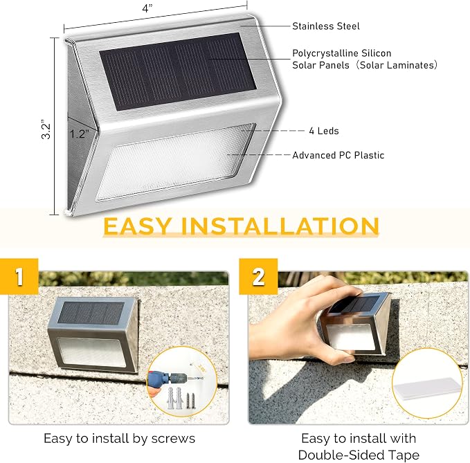 SOLPEX Solar Step Lights, 6 Pack Solar Stair Lights, Outdoor Fence Lighting, Solar Powered Deck Lights Waterproof 4 LEDs for Stairway Patio Porch Pathway Walkway Garden (Warm White)