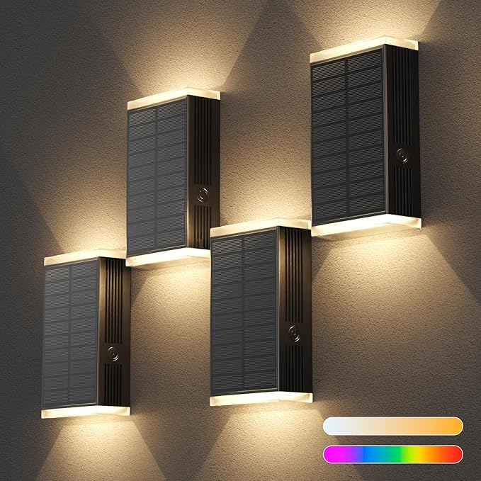 Solar Wall Light Outdoor,3000/4500/6000K/RGB 13 Modes Dusk to Dawn Wall Lighting Solar Sconce Lights IP67 Waterproof Up and Down Solar Lights Outdoor for House, Yard ,Garage, Porch,Fence,Patio(4PCS)