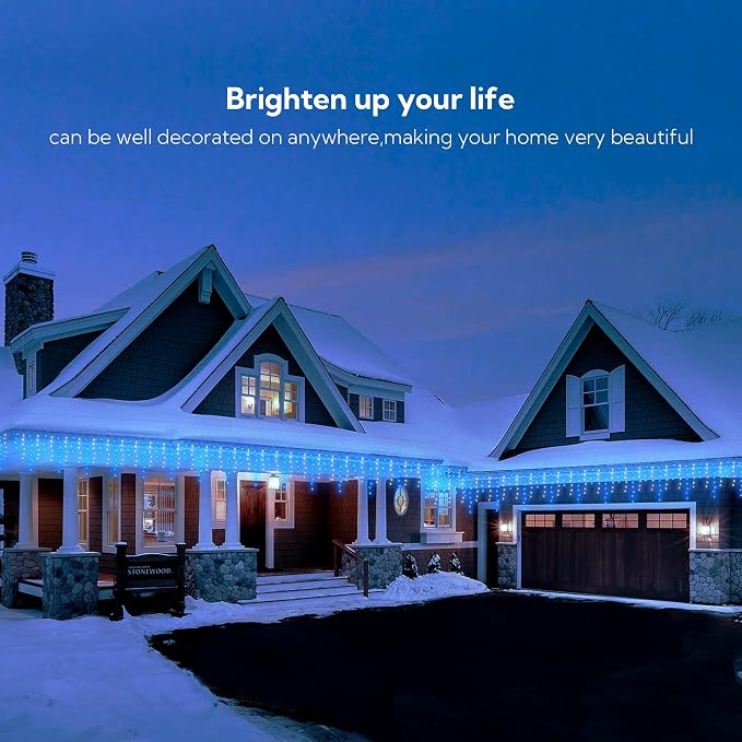Hopolon 33FT 360 LED Blue White Christmas Icicle Lights,Waterproof Plug in | Outdoor icicle curtain lights with 60 drops, 8 modes, for Christmas, wedding, party, bedroom, garden, wall decor