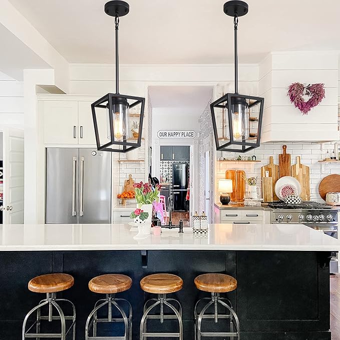 SGLfarmty Pendant Lights Kitchen Island, 1-Light Black Modern Farmhouse Adjustable Lantern Hanging Fixture with Glass Shade for Dining Room Entryway Hallway