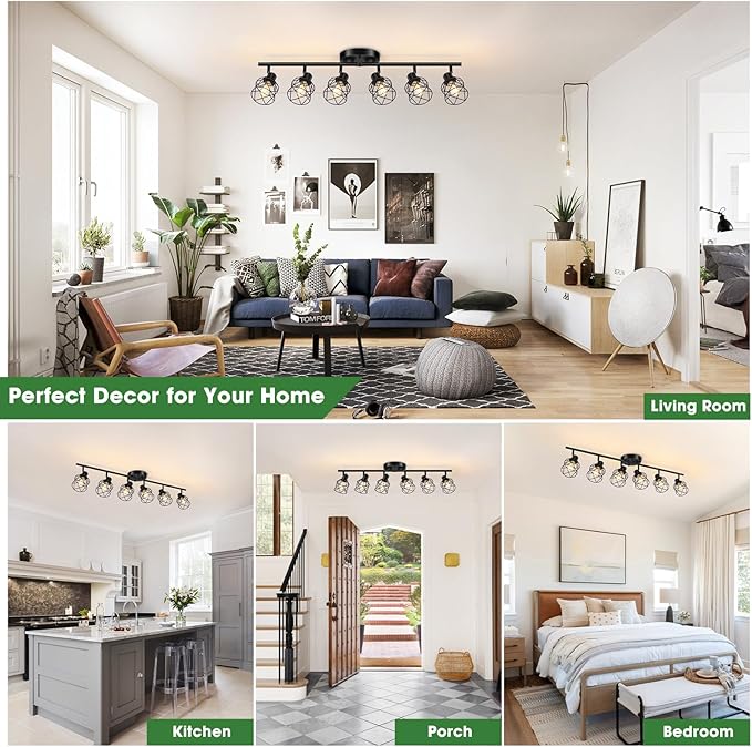 6-Lights Black Semi Flush Mount Ceiling Light, Multi-Directional Ceiling Light Fixtures, Rotatable Kitchen Track Lighting Fixtures with Wire Cages for Living Room, Dining Table, Foyer