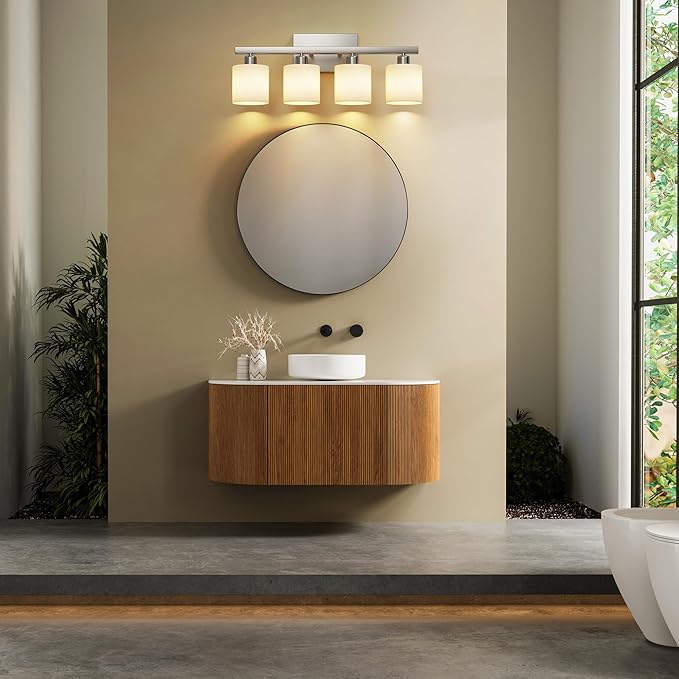 PARTPHONER Bathroom Light Fixtures, Bathroom Lighting Fixtures Over Mirror, Classic Vanity Lights, Modern Vanity Light with Textured Frosted Opal White Glass Shades, Brushed Nickel, 4-Light